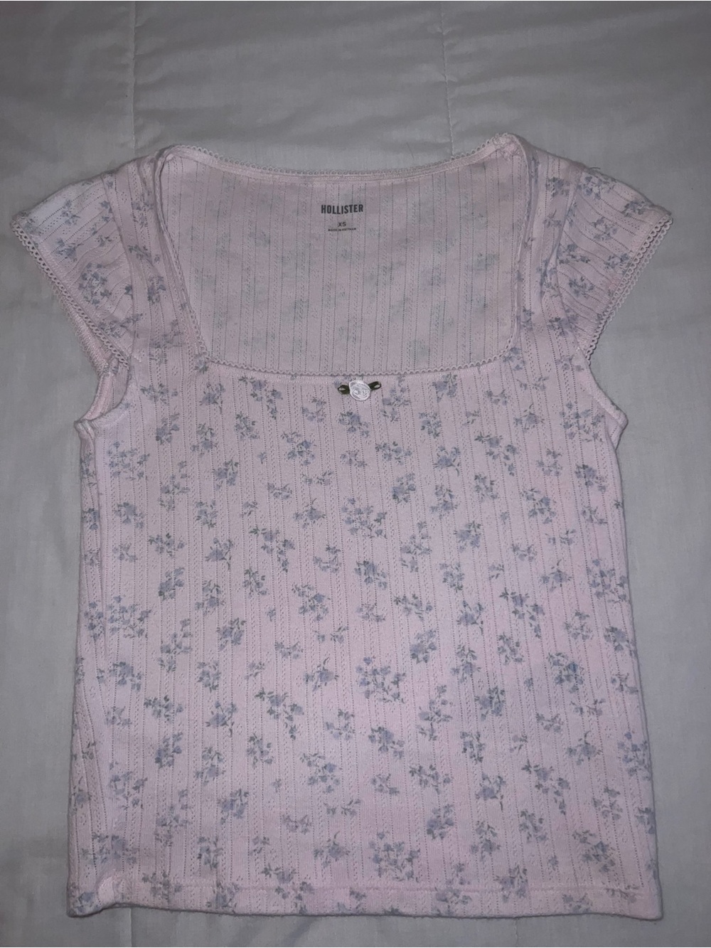 Hollister Soft Pink Floral Square Neck Ribbed Tee
